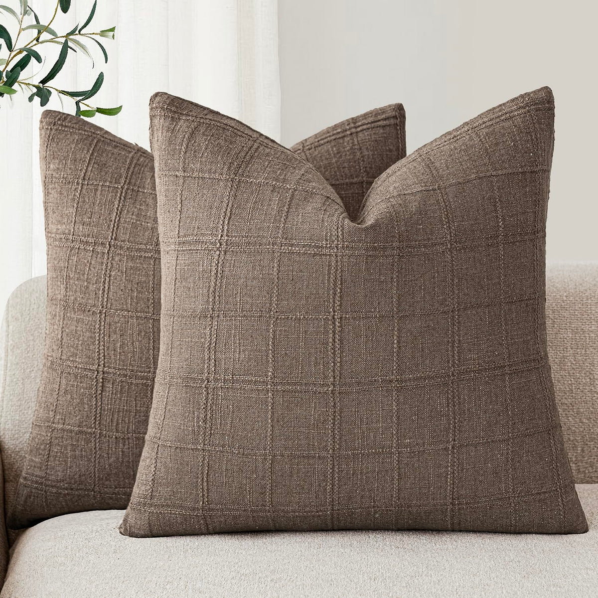 Foindtower Linen Check Decorative Throw Pillow Covers 18×18 Natural Beige