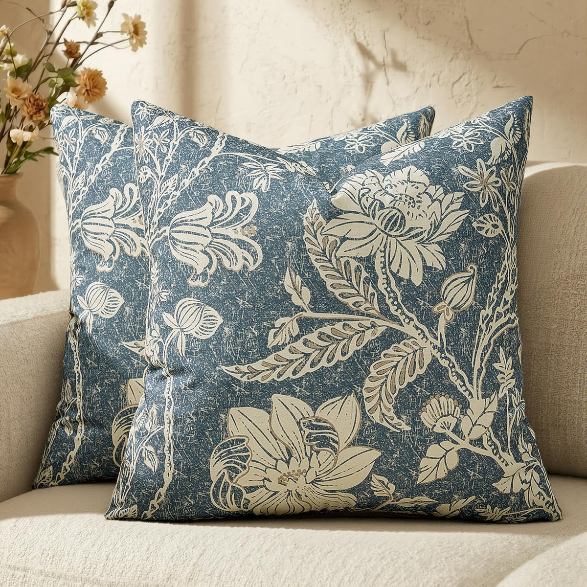Cotton Navy Blue 18x18 Floral Decorative Sofa Couch Throw Pillow Covers