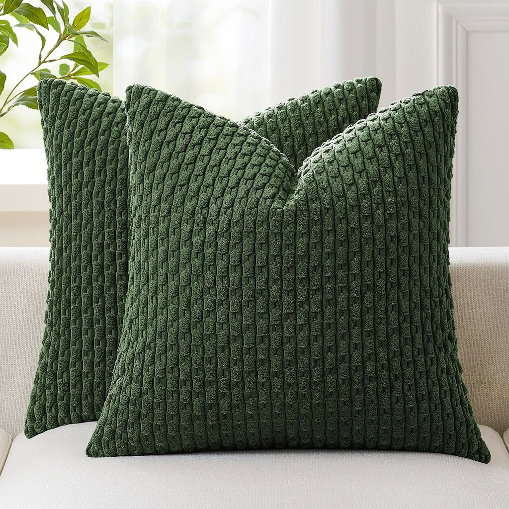 Kevin Textile Soft Corduroy 18x18 Inch Pillow Covers 2 Pack, Dark Green