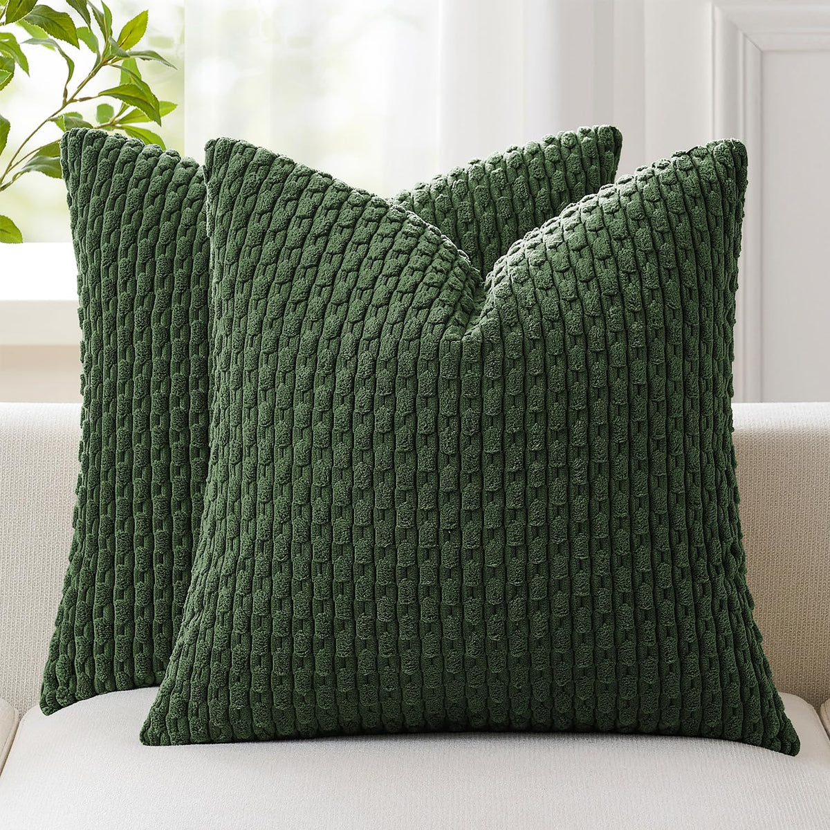Kevin Textile Soft Corduroy 18x18 Inch Pillow Covers 2 Pack, Dark Green