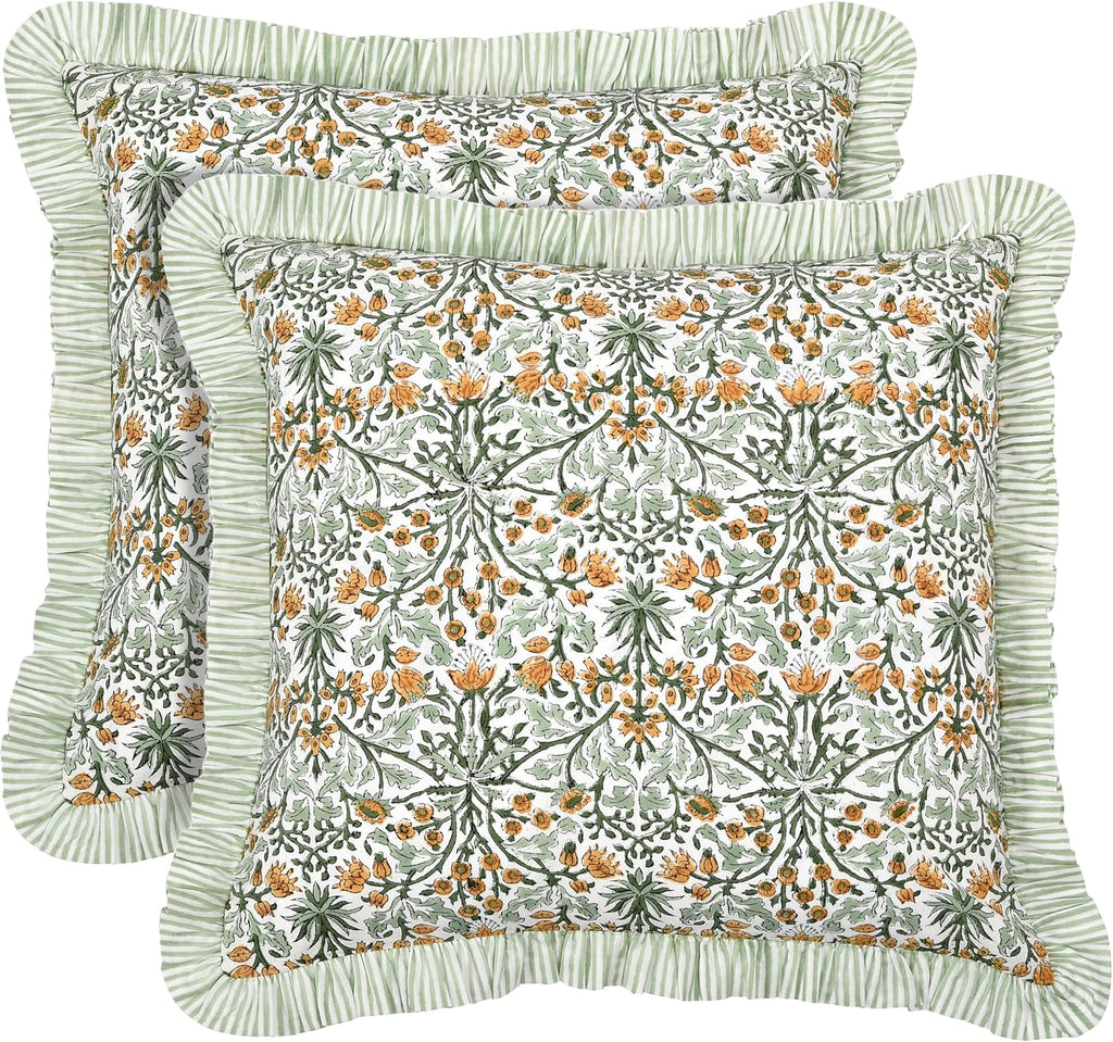 Ridhi Goldenrod Yellow Block Print Ruffle Pillow Covers 18x18 Inch Set of 2
