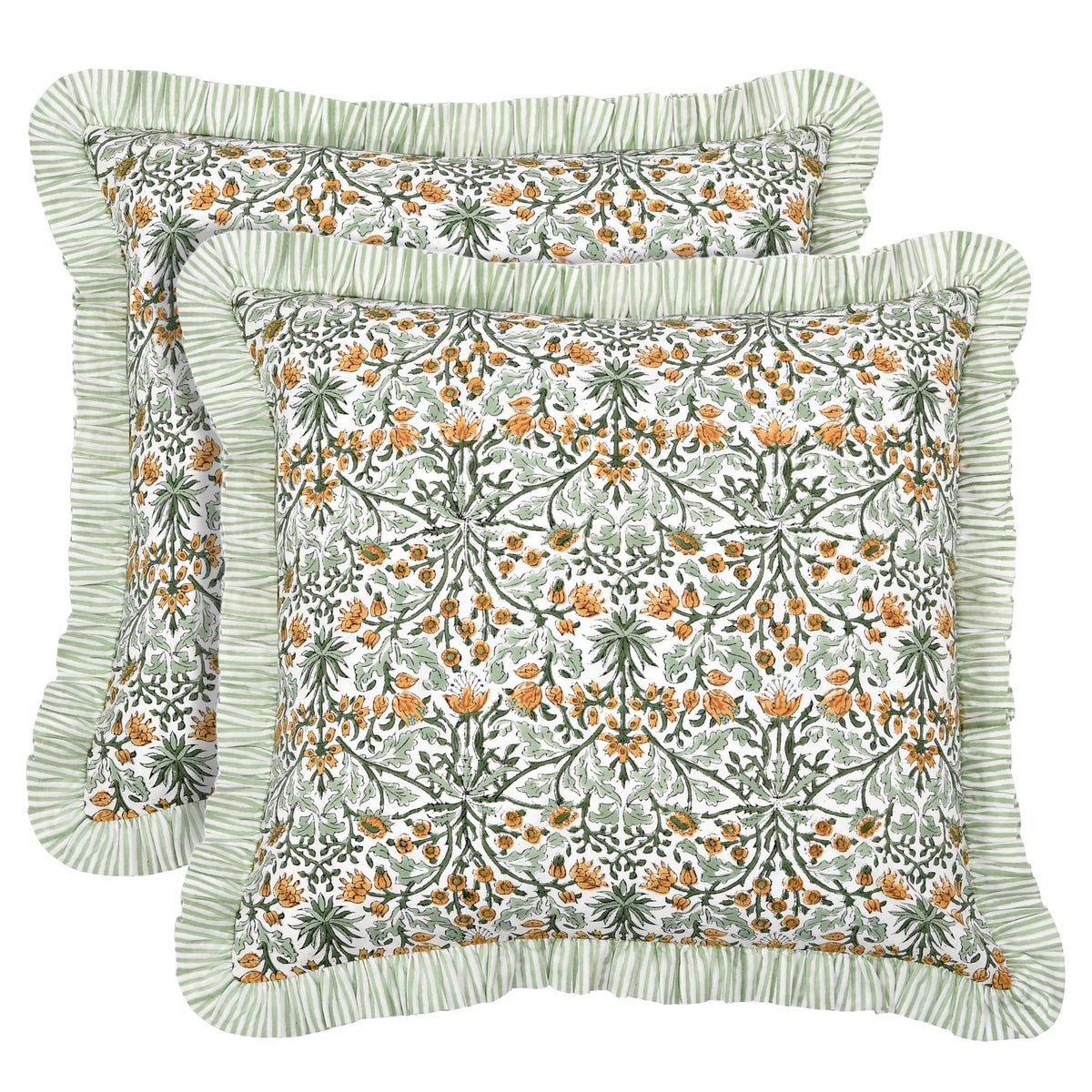 Ridhi Goldenrod Yellow Block Print Ruffle Pillow Covers 18x18 Inch Set of 2