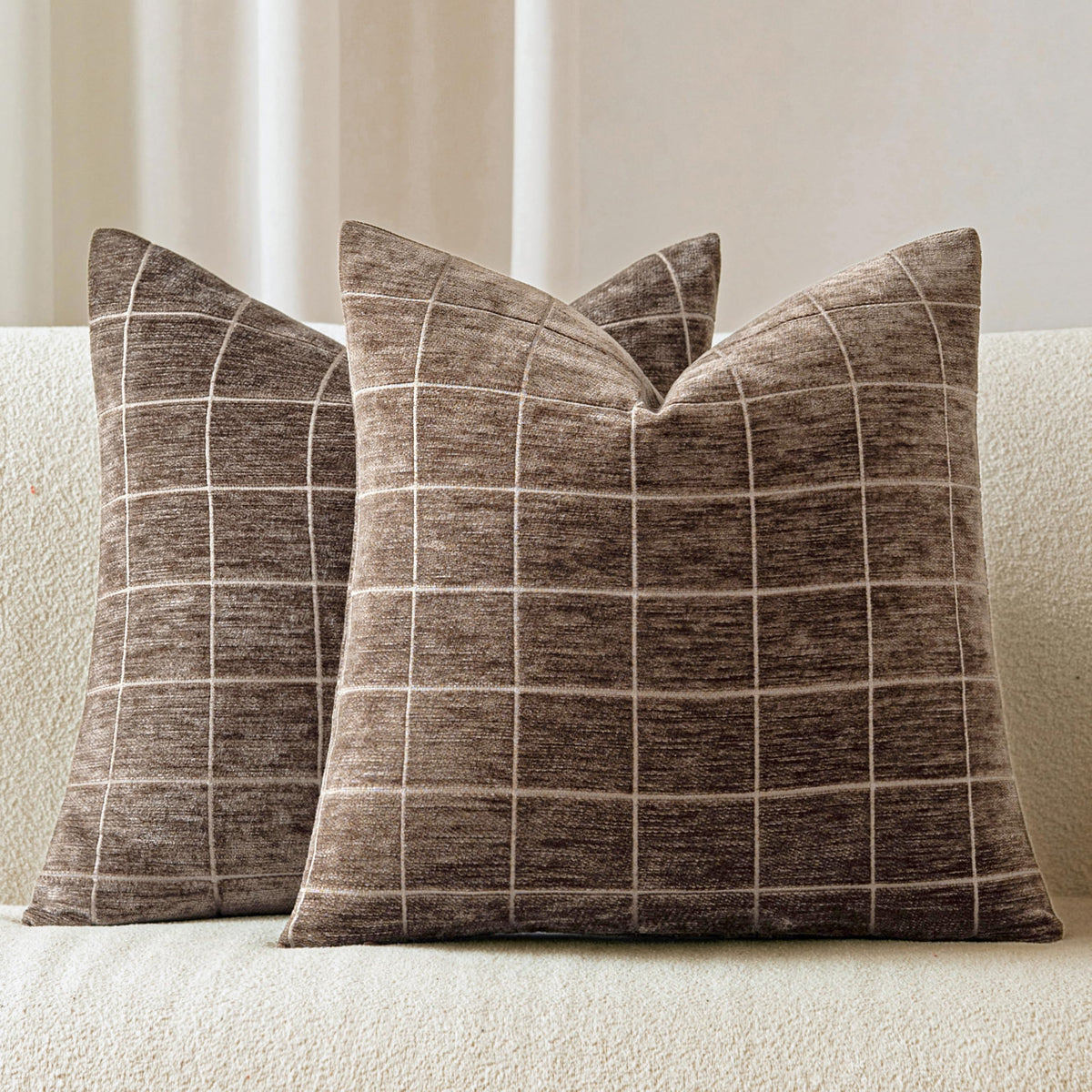 Decorative Chenille Plaid Fall Throw Pillow Covers Camel 18x18 Set of 2