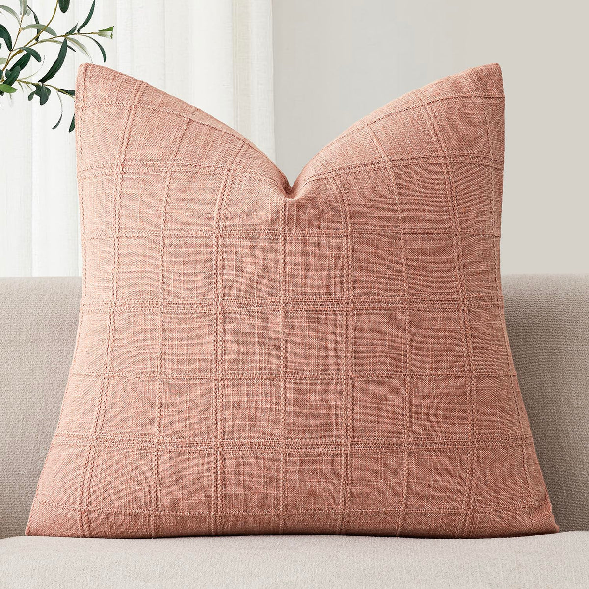 Foindtower Set of 1 Decorative Linen Check Throw Pillow Cover Neutral Farmhouse Lumbar Cushion Cover Modern Boho Home Decor for Sofa Chair Couch Bedroom Living Room,12×20 Inch,Olive Green