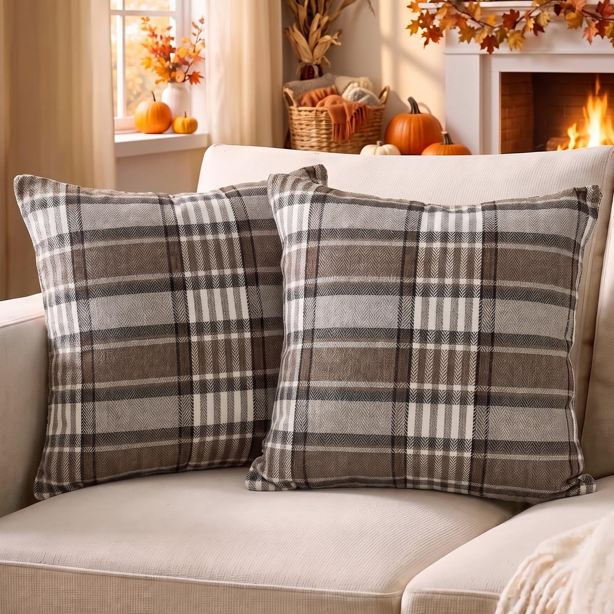 Brown Plaid Farmhouse Checkered Throw Pillow Cover 20x20 for Bed Couch Sofa