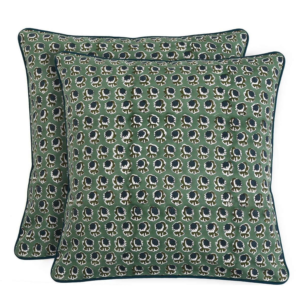 Ridhi Asparagus Green Block Print Cotton Pillow Cover 16x16 Inch Set of 2