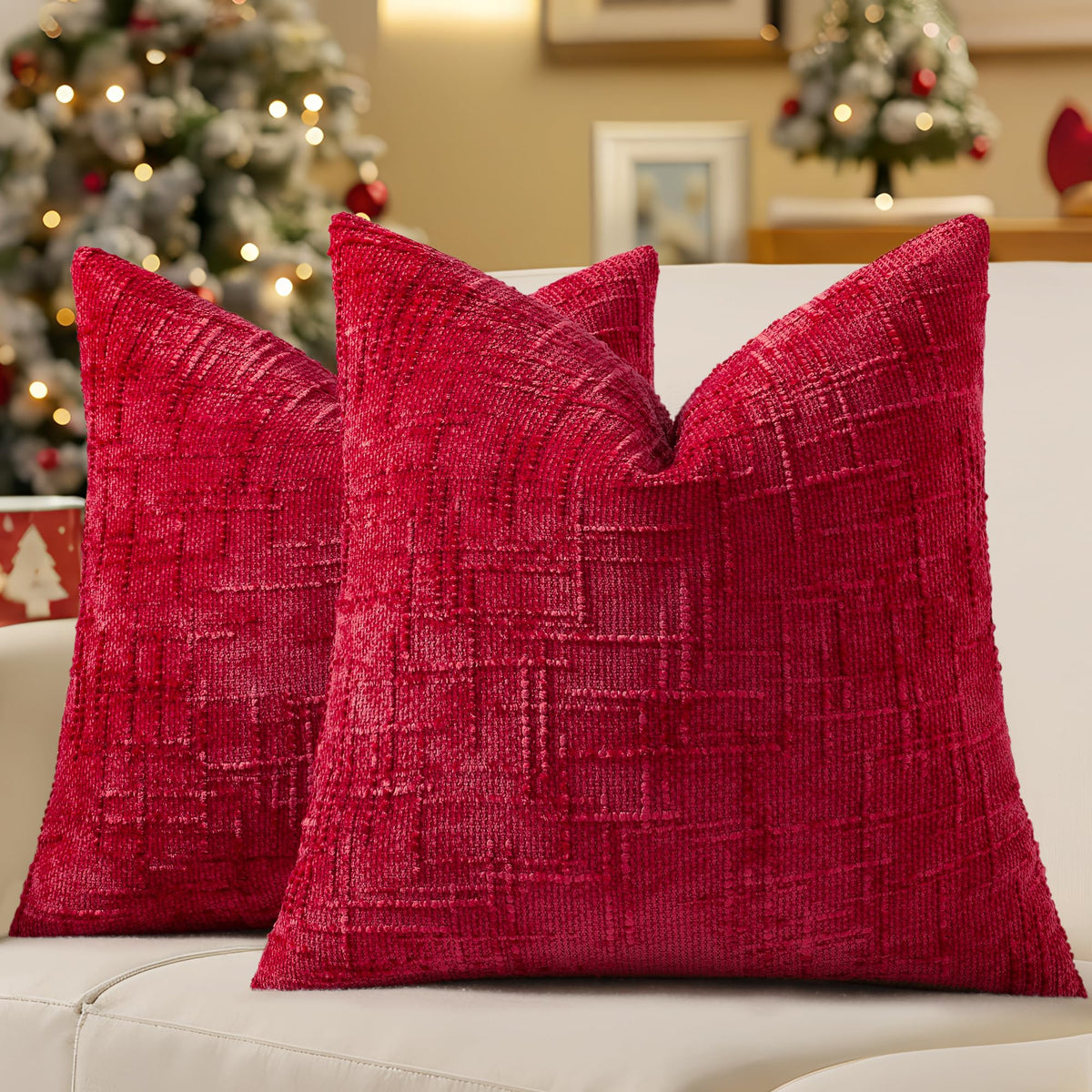 decorUhome Textured Chenille Throw Pillow Covers 18x18 Set of 2 Ivory