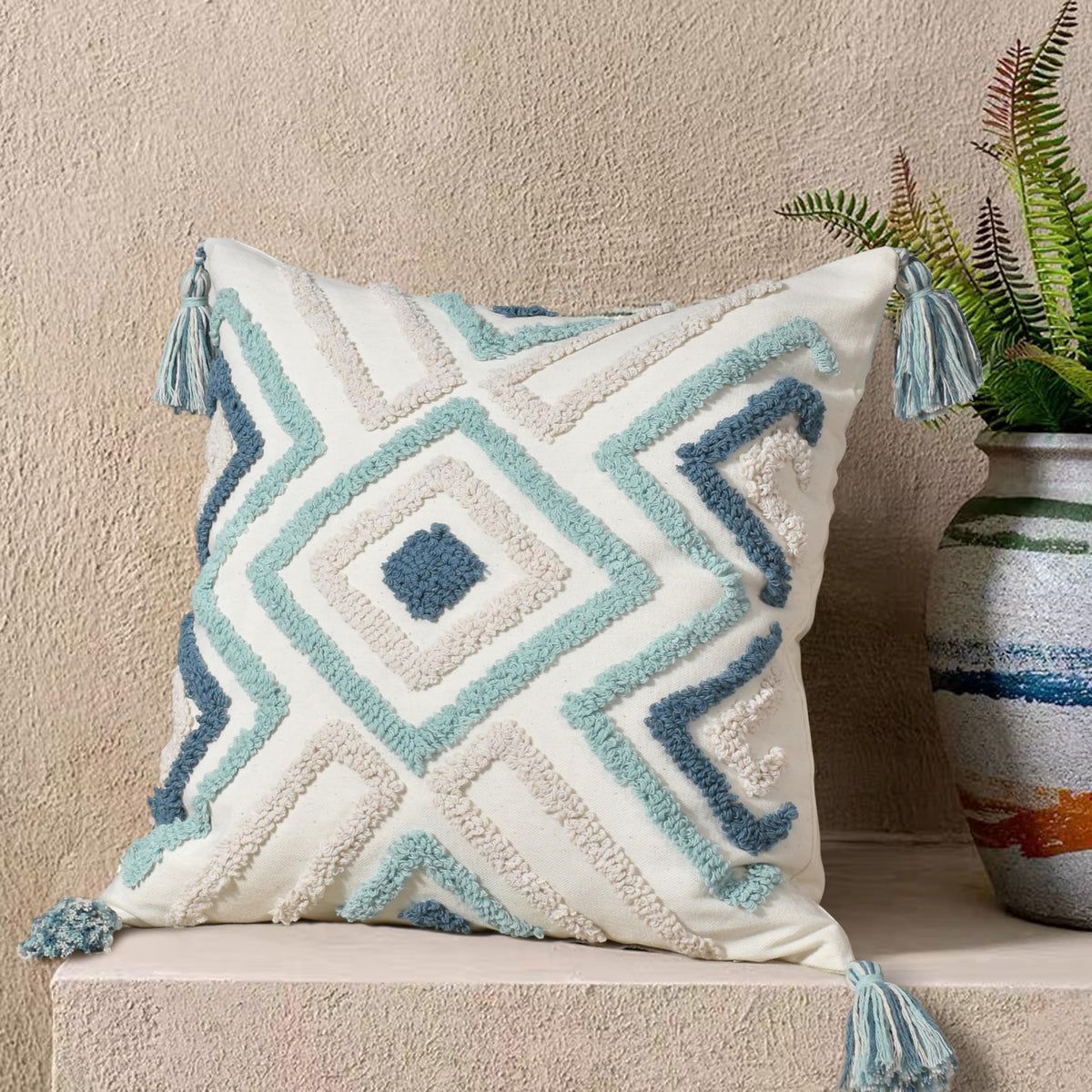 Boho Sofa Throw Pillow Covers – Exquisitely Crafted with Hand-Finished Tuft with Thick Cotton Tassel Details – Soft & Stylish Moroccan Decorative, 18x18inch (Spring Ruched)