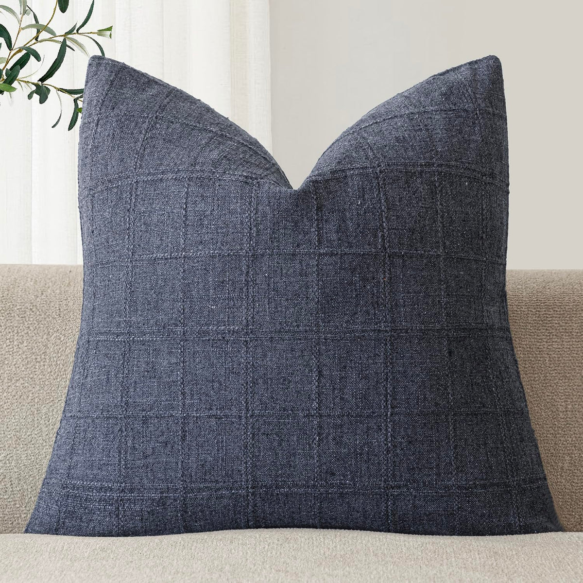 Foindtower Set of 1 Decorative Linen Check Throw Pillow Cover Neutral Farmhouse Lumbar Cushion Cover Modern Boho Home Decor for Sofa Chair Couch Bedroom Living Room,12×20 Inch,Olive Green