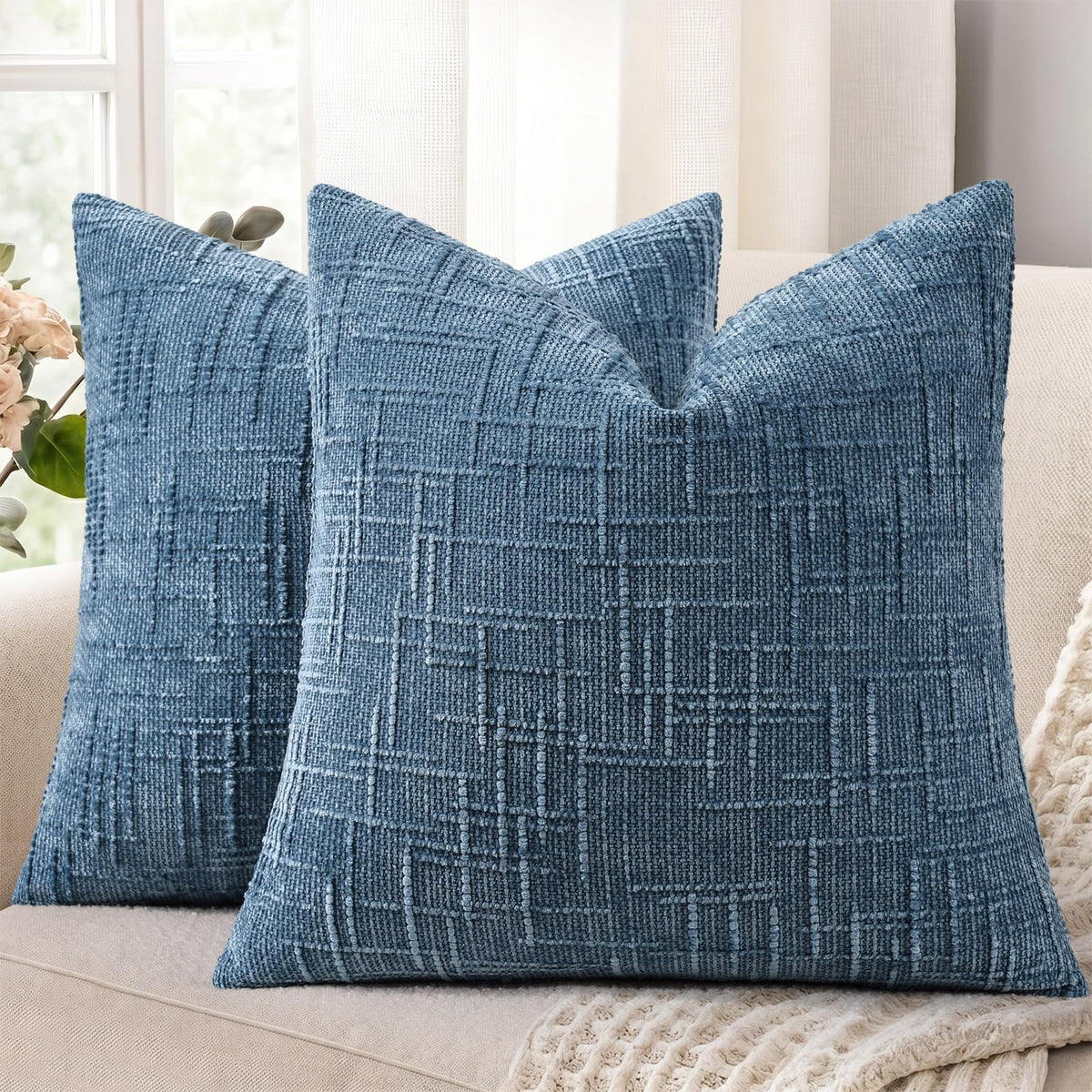decorUhome Textured Chenille Throw Pillow Covers 18x18 Set of 2 Ivory