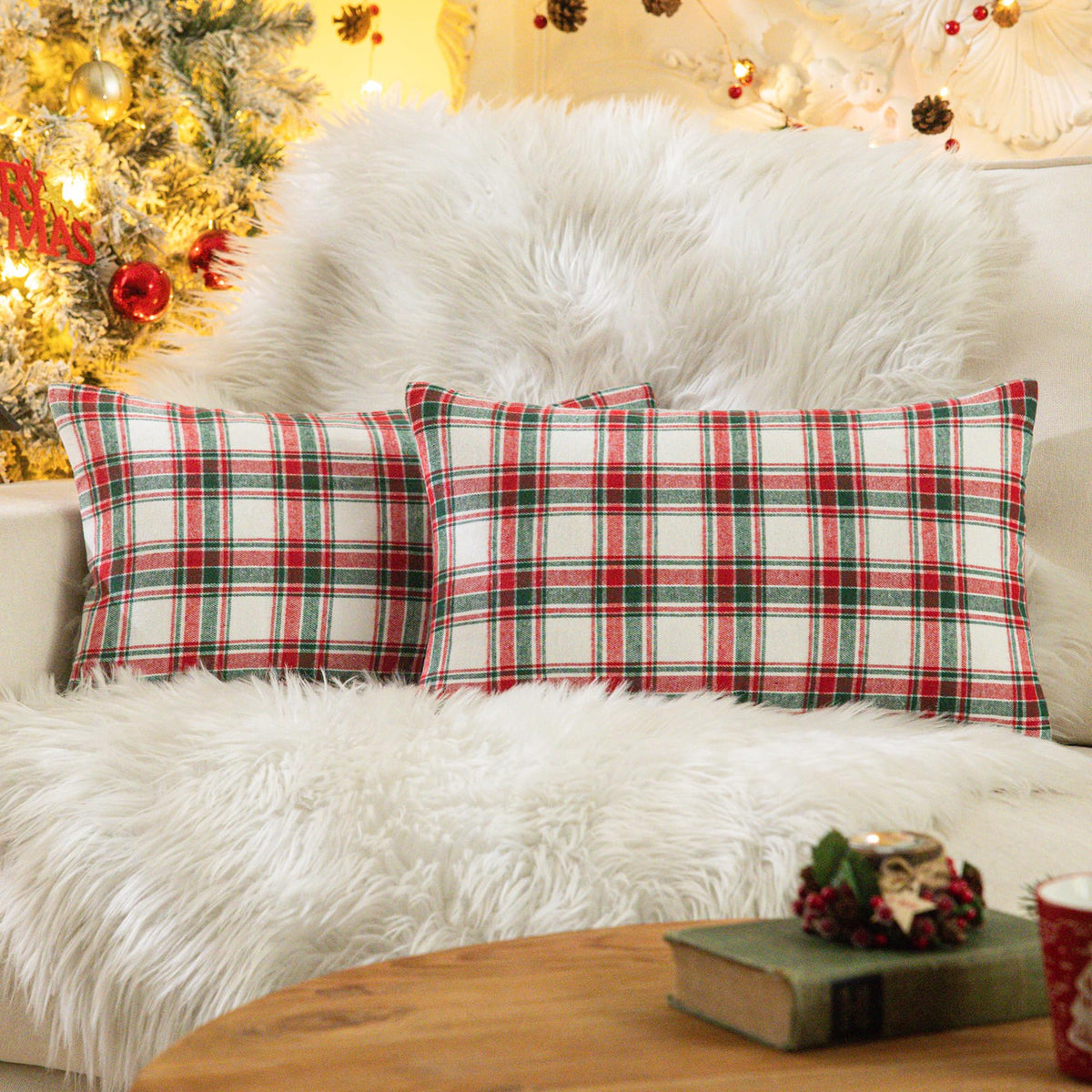 AQOTHES Fall Plaid Orange Throw Pillow Covers 18x18 Inch Set of 2