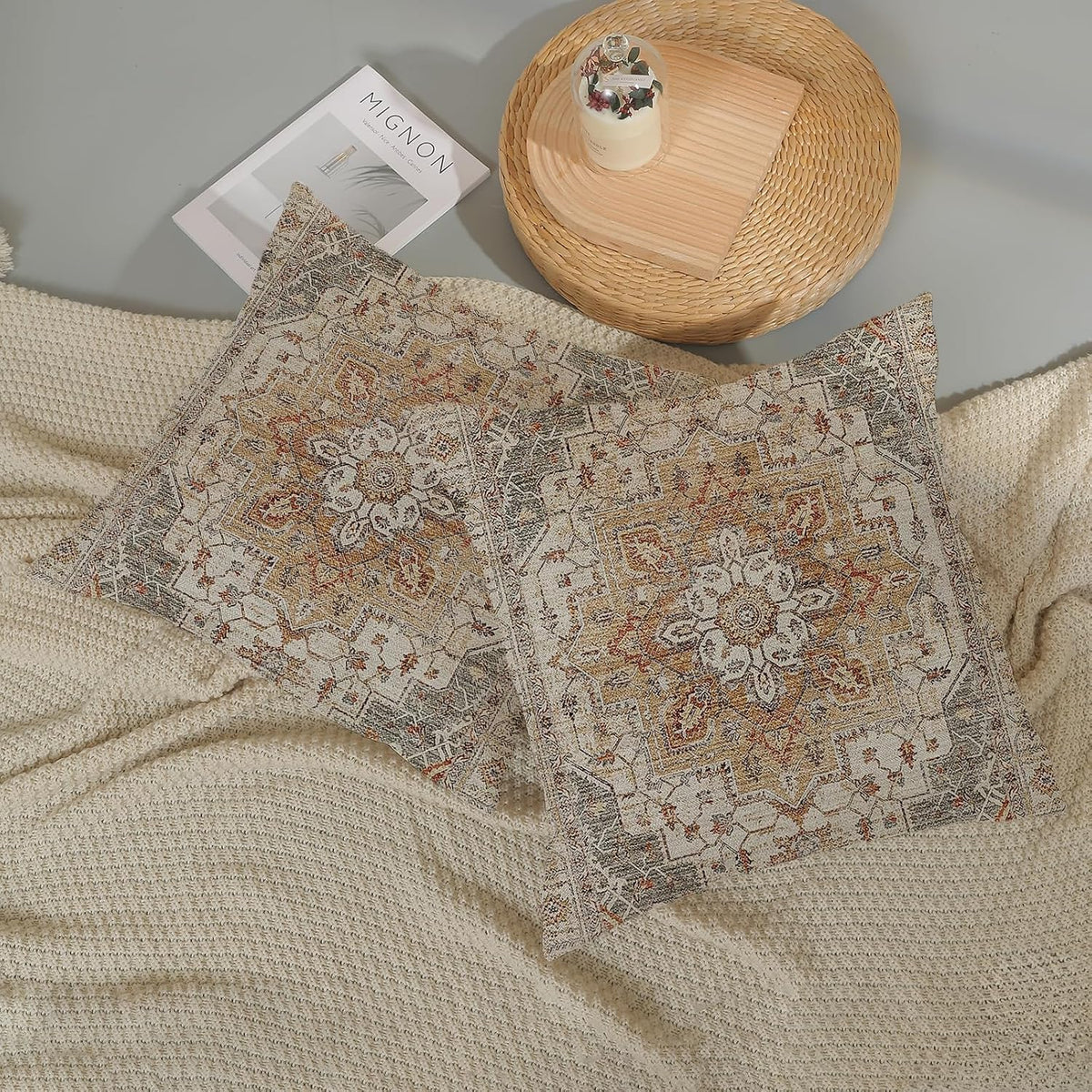 Boho Pillow Covers 18x18 Inch 2 Pcs Vintage Burnt Orange Grey Beige Carpet Pattern Ethnic Decor Throw Pillows Retro Outdoor Farmhouse Decoration Pillowcase Linen Cushion Cover for Couch Sofa