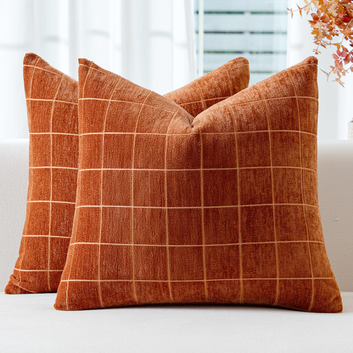 Decorative Chenille Plaid Fall Throw Pillow Covers Camel 18x18 Set of 2
