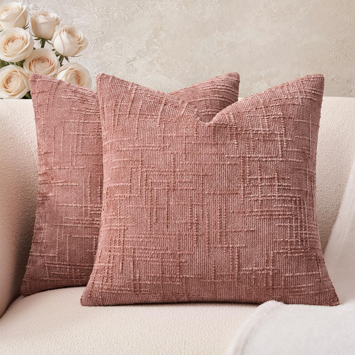 Throw Pillow Covers Mustard Yellow Set of 2 18x18 Inch Pillow Covers, Soft Fall Chenille Neutral Decorative Covers for Couch Sofa Bed Living Room, Home Modern Farmhouse Boho Decor