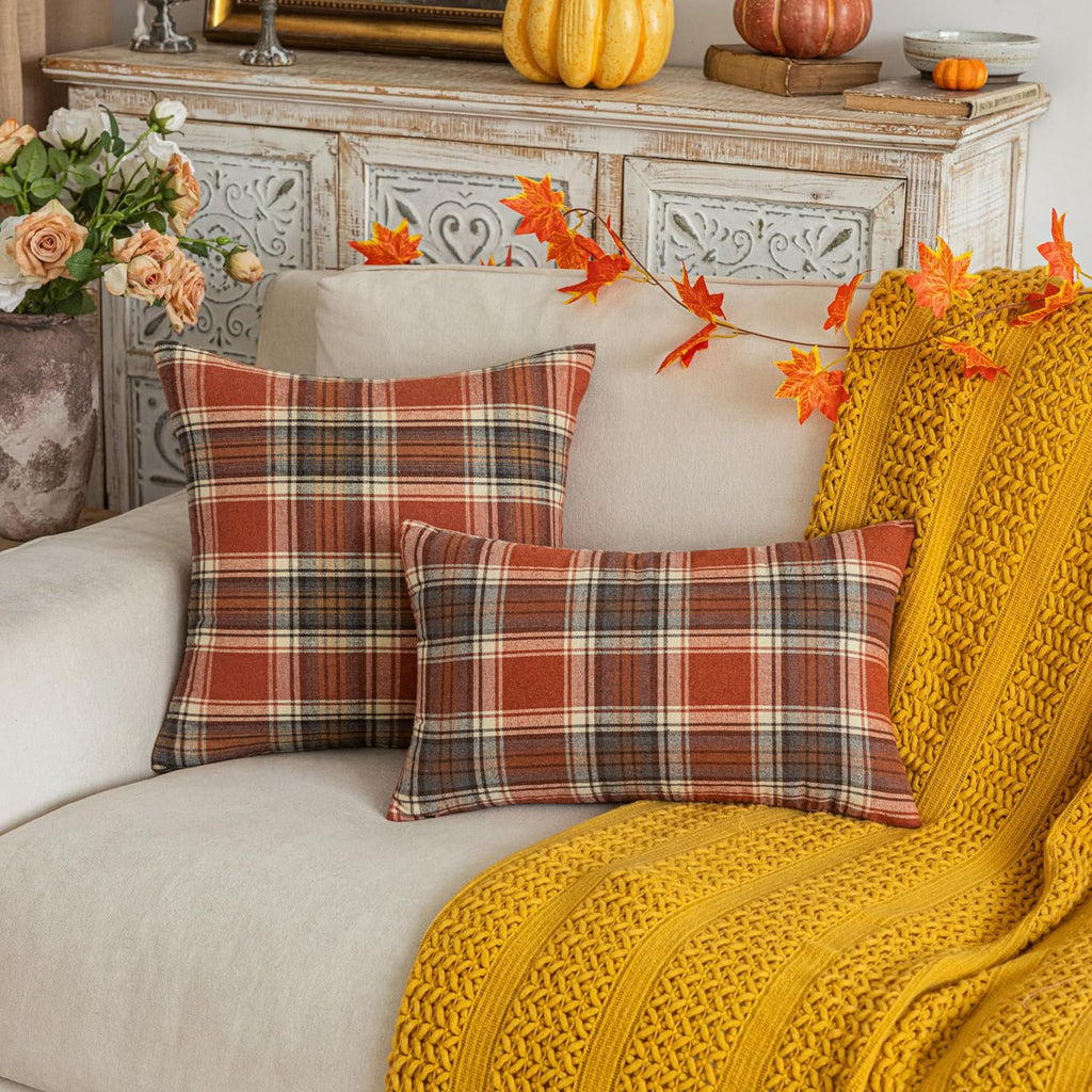 AQOTHES Fall Plaid Orange Throw Pillow Covers 18x18 Inch Set of 2