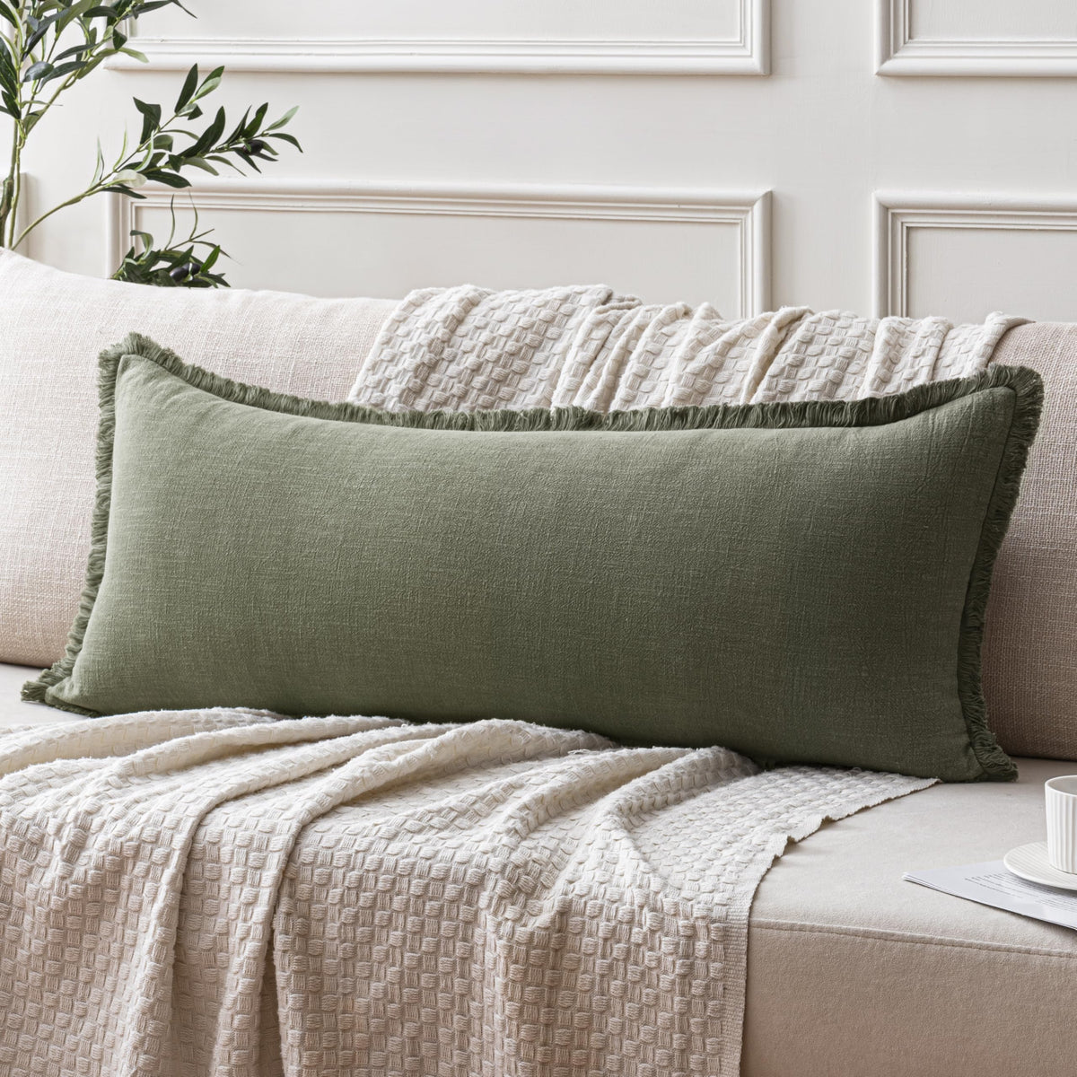 ANRODUO Decorative Linen Fringe Pillow Covers 18×18 Inch Sage Green 2 Pack