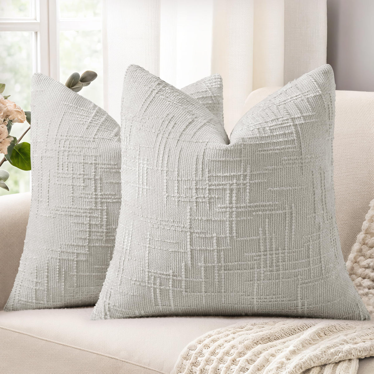 decorUhome Textured Chenille Throw Pillow Covers 18x18 Set of 2 Ivory