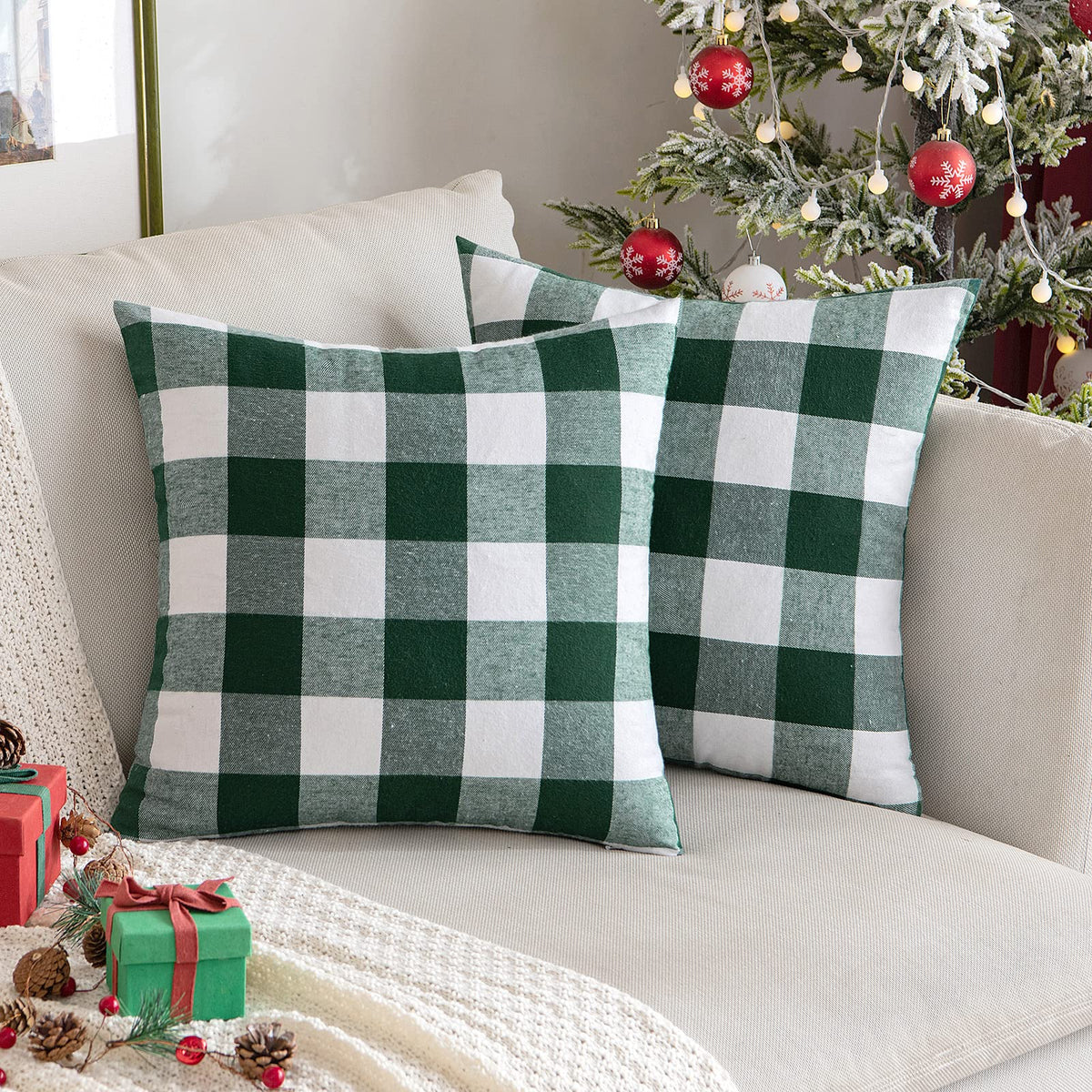 MIULEE Christmas Plaid Pillow Covers 18x18 White and Red Pack of 2