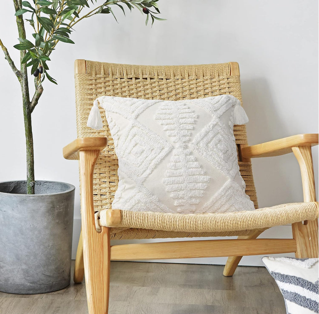 Boho Sofa Throw Pillow Covers – Exquisitely Crafted with Hand-Finished Tuft with Thick Cotton Tassel Details – Soft & Stylish Moroccan Decorative, 18x18inch (Spring Ruched)