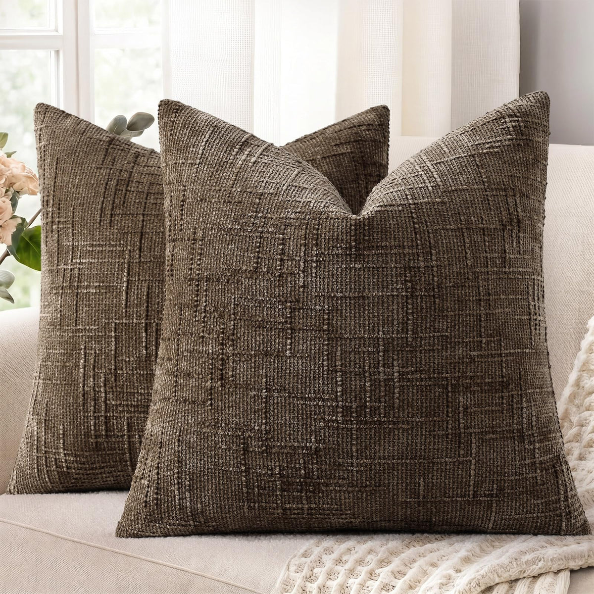 decorUhome Textured Chenille Throw Pillow Covers 18x18 Set of 2 Ivory