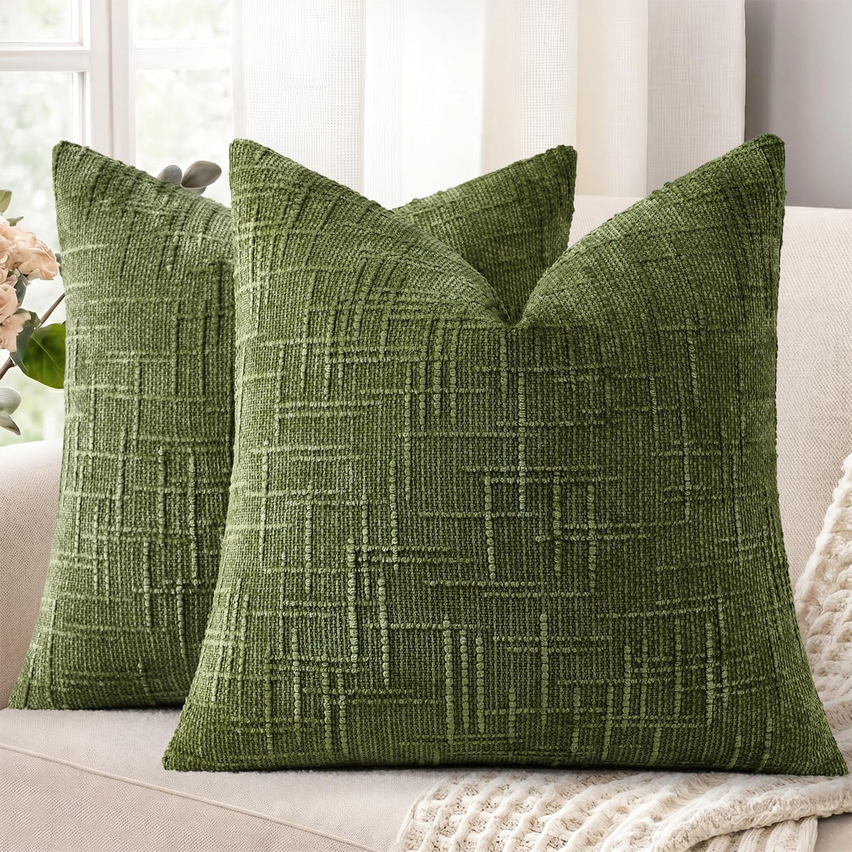 decorUhome Textured Chenille Throw Pillow Covers 18x18 Set of 2 Ivory