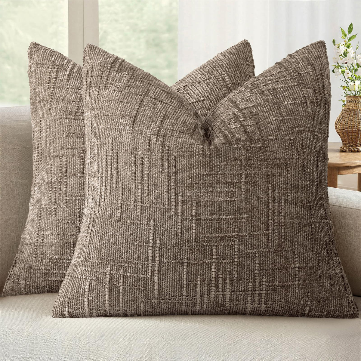 MIULEE Chenille Textured Throw Pillow Covers Cream White 18x18 Set of 2