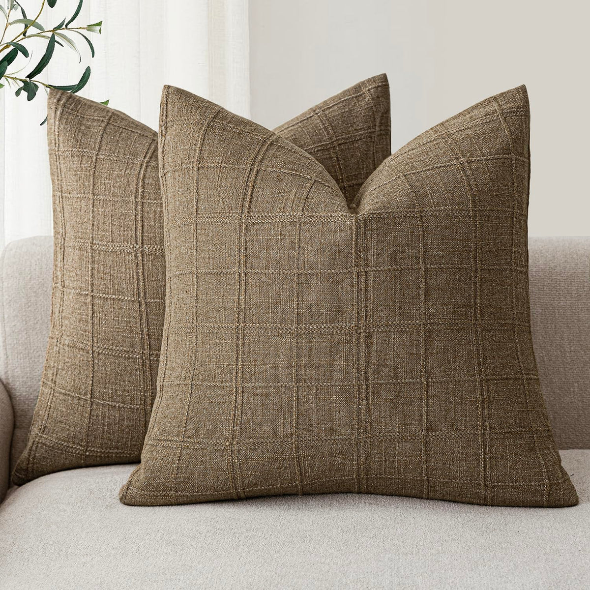 Foindtower Linen Check Decorative Throw Pillow Covers 18×18 Natural Beige