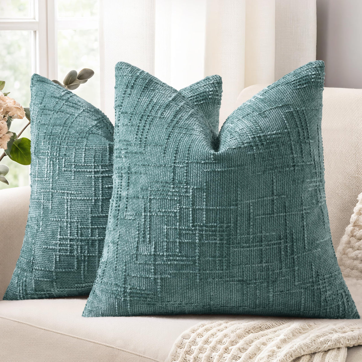 decorUhome Textured Chenille Throw Pillow Covers 18x18 Set of 2 Ivory
