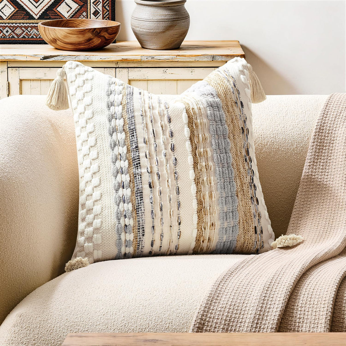 Kevin Textile Boho Tassel 12x20 Inch Lumbar Pillow Cover 1 Pack, Green