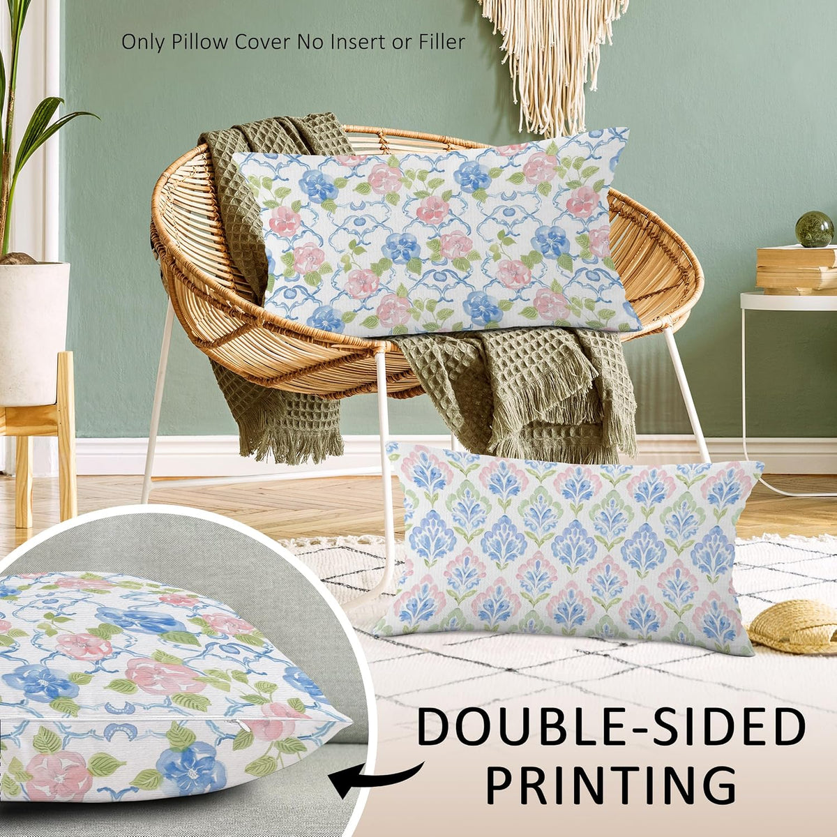 Preppy Blue and Pink Green Floral Throw Pillow Covers Set of 2