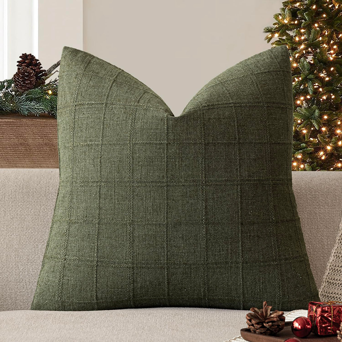 Foindtower Set of 1 Decorative Linen Check Throw Pillow Cover Neutral Farmhouse Lumbar Cushion Cover Modern Boho Home Decor for Sofa Chair Couch Bedroom Living Room,12×20 Inch,Olive Green
