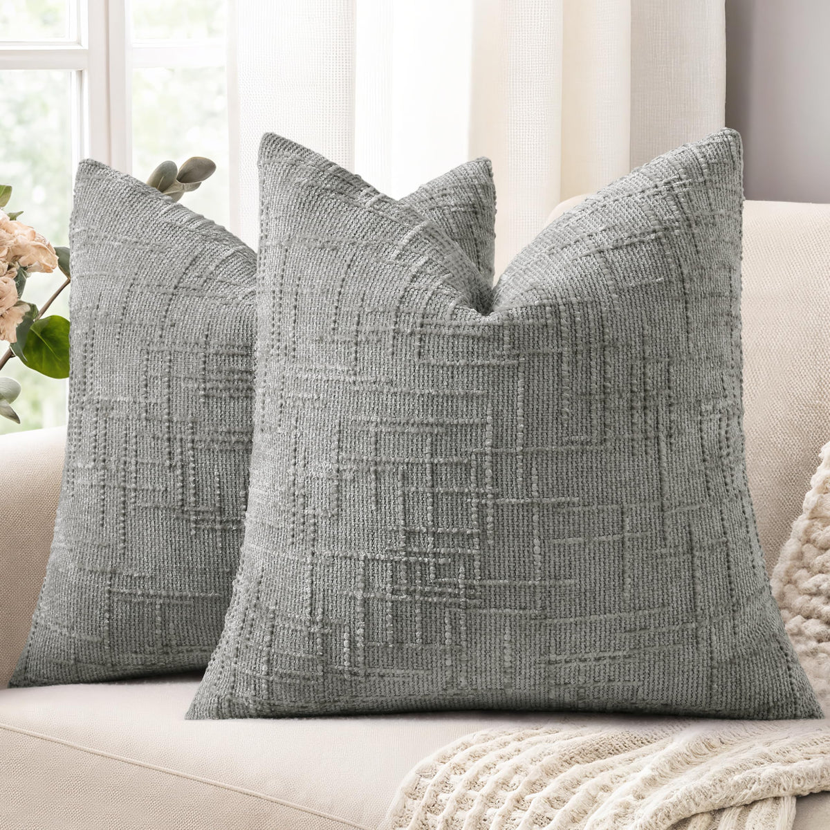 decorUhome Textured Chenille Throw Pillow Covers 18x18 Set of 2 Ivory