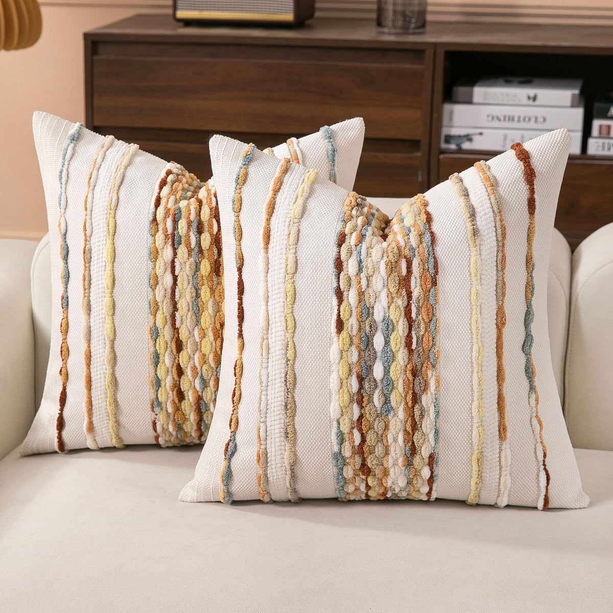 Boho Striped Throw Pillow Covers 18x18 Inch Set of 2 Farmhouse Square Decorative Pillow Covers Chenille Tufted Accent Neutral Pillowcase Grey Blue Cushion Cover for Living Room Couch Sofa Bed