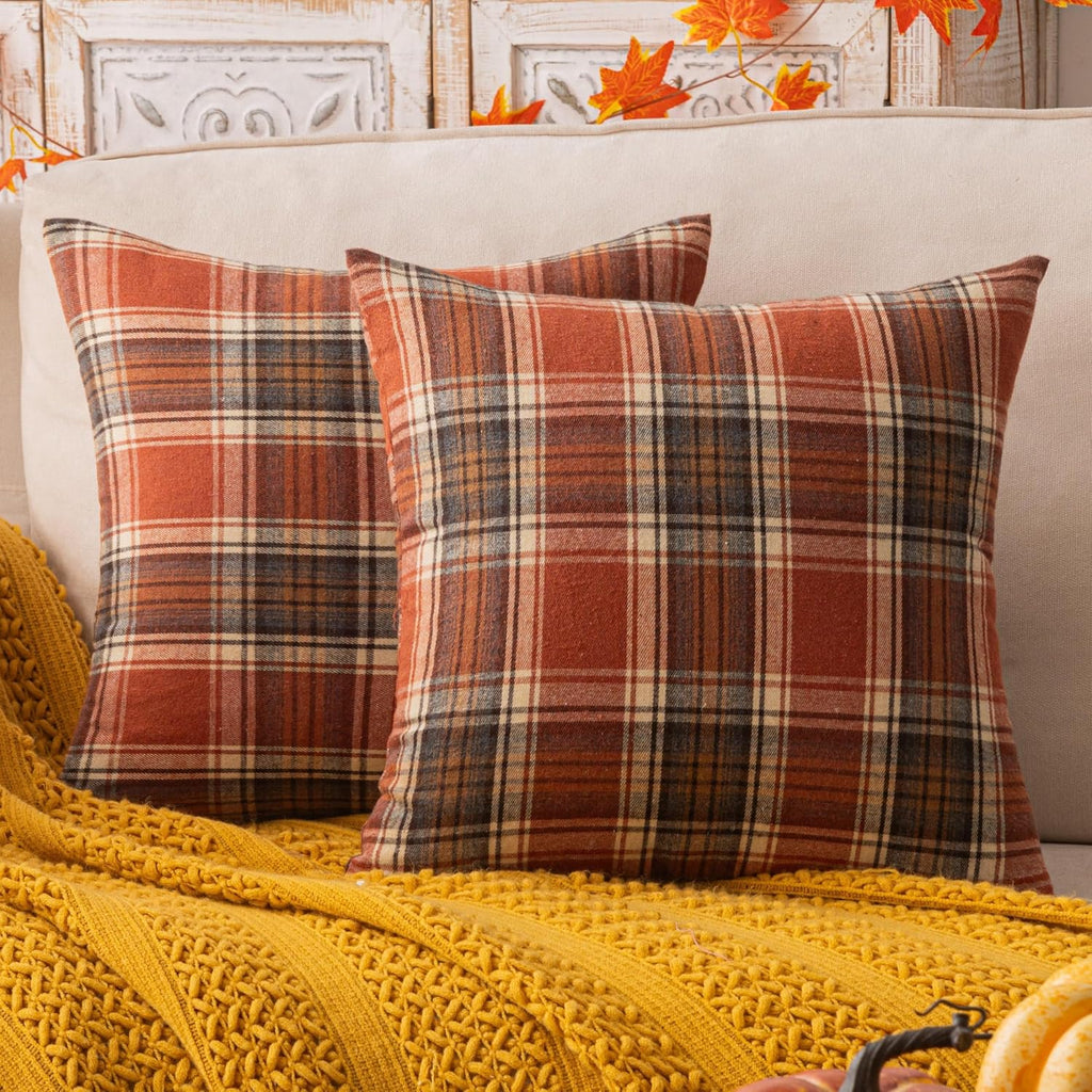 AQOTHES Fall Plaid Orange Throw Pillow Covers 18x18 Inch Set of 2
