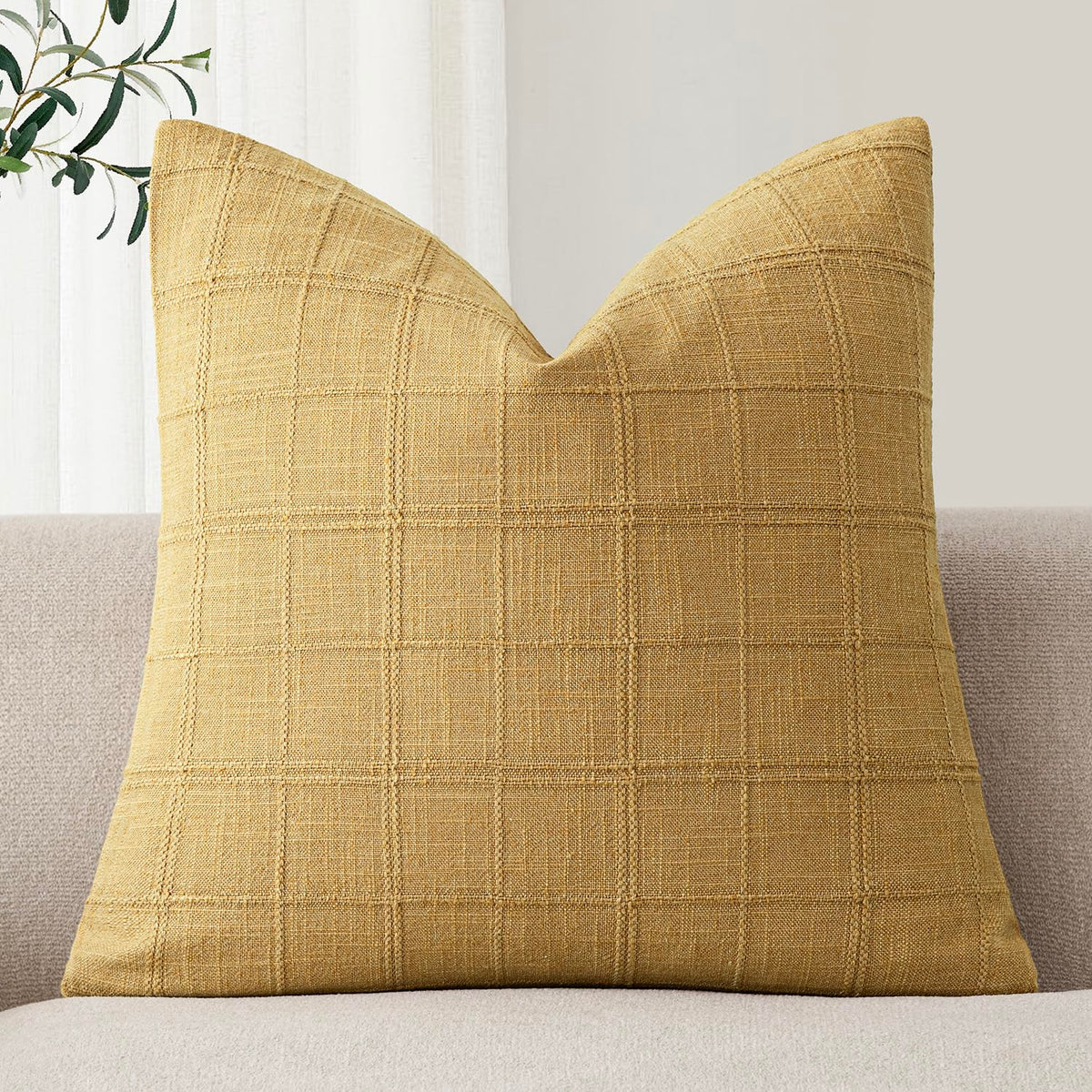 Foindtower Set of 1 Decorative Linen Check Throw Pillow Cover Neutral Farmhouse Lumbar Cushion Cover Modern Boho Home Decor for Sofa Chair Couch Bedroom Living Room,12×20 Inch,Olive Green