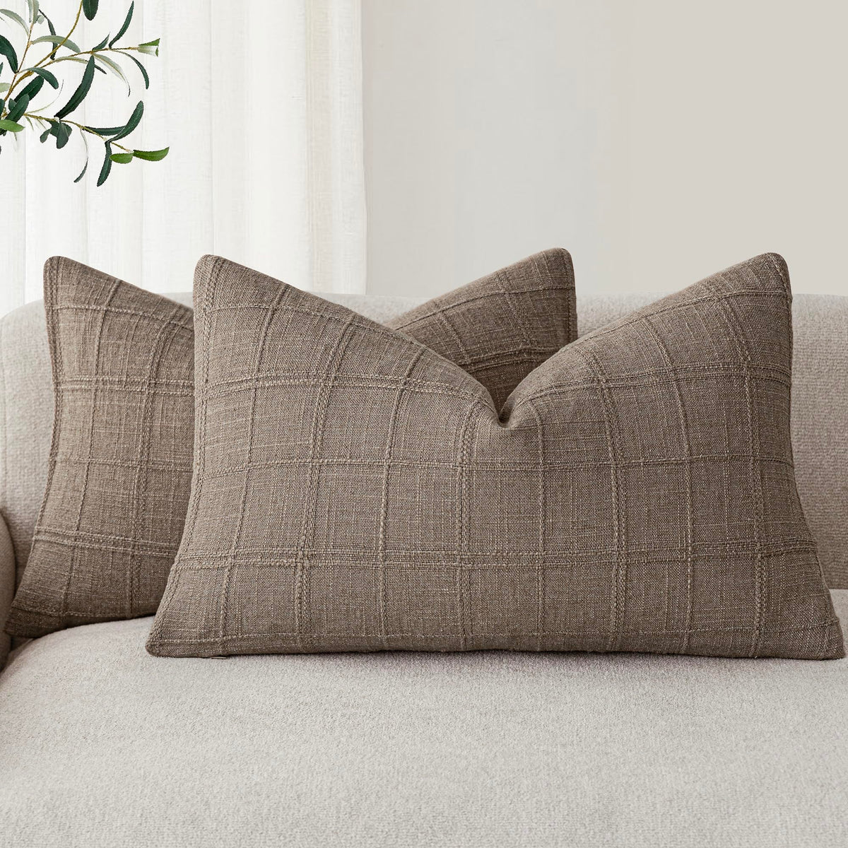 Foindtower Linen Check Decorative Throw Pillow Covers 18×18 Natural Beige