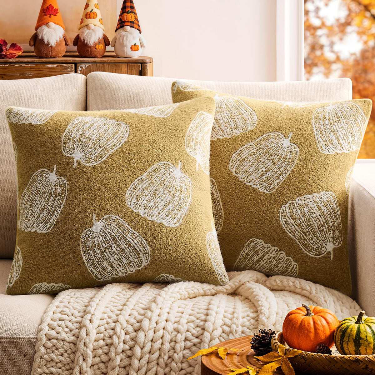 Throw Pillow Covers Set of 2 18x18 White Pumpkins Fall Camel Covers, Soft Faux Decorative Yellow Covers for Couch Sofa Bed Living Room, Farmhouse Home Boho Decor