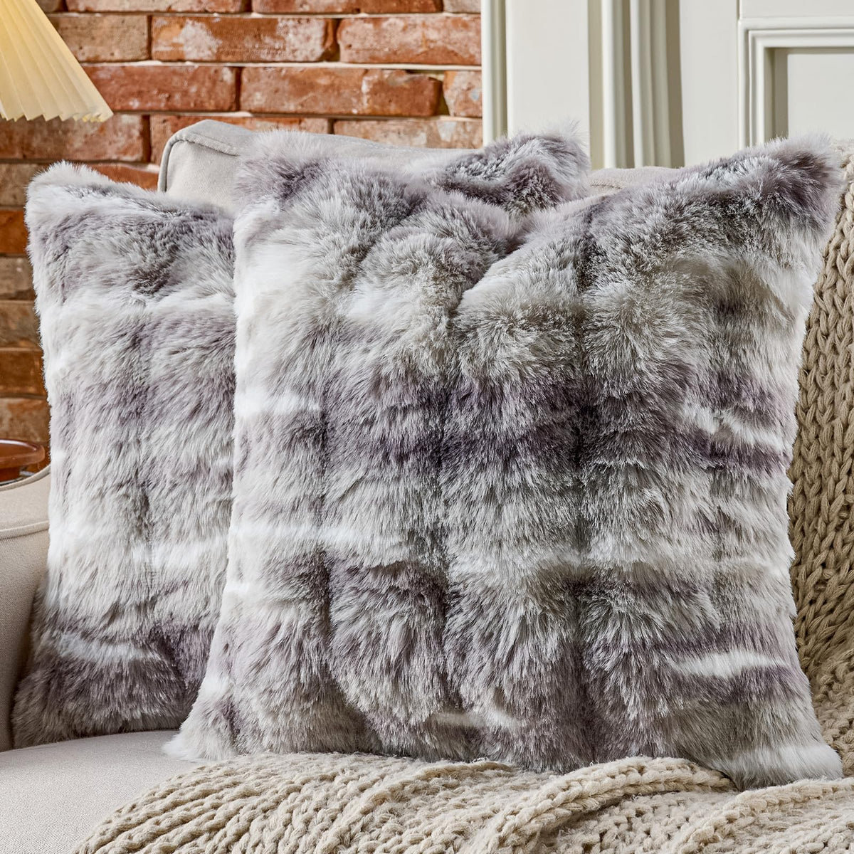 AmHoo Pack of 2 Throw Pillow Covers 3D Dense Faux Rabbit Fur Cozy Super Soft Fuzzy Set Case Cushion for Couch Sofa Bedroom 18 x 18-Inch Cream White