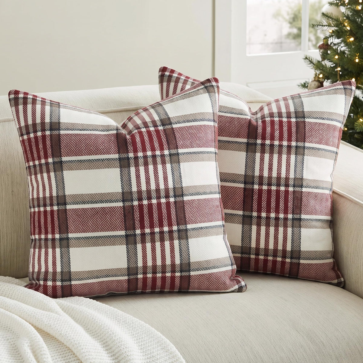 Brown Plaid Farmhouse Checkered Throw Pillow Cover 20x20 for Bed Couch Sofa