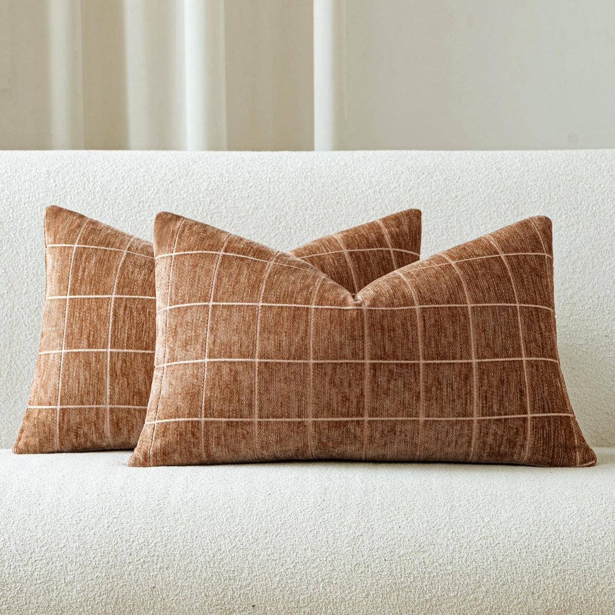 Decorative Chenille Plaid Fall Throw Pillow Covers Camel 18x18 Set of 2