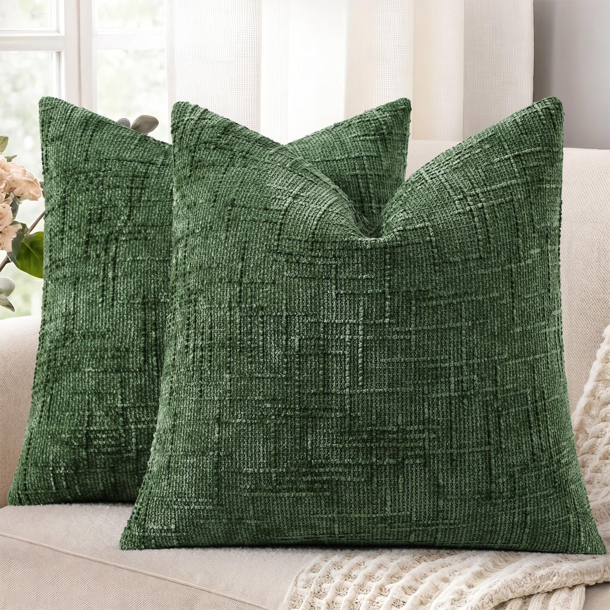 decorUhome Textured Chenille Throw Pillow Covers 18x18 Set of 2 Ivory