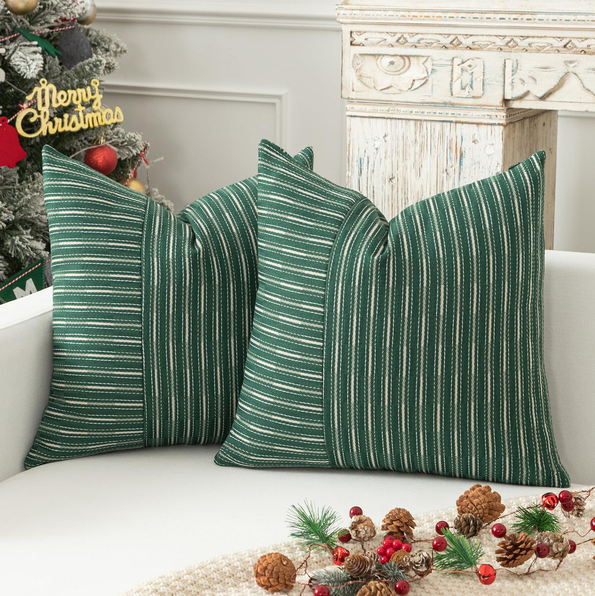 Kevin Textile Valentines Farmhouse Decorative Throw Pillow Covers Boho Woven Texture Burlap Linen Cushion Cover Striped Pillowcase, Wine Red 18 x 18 inches Pack of 2