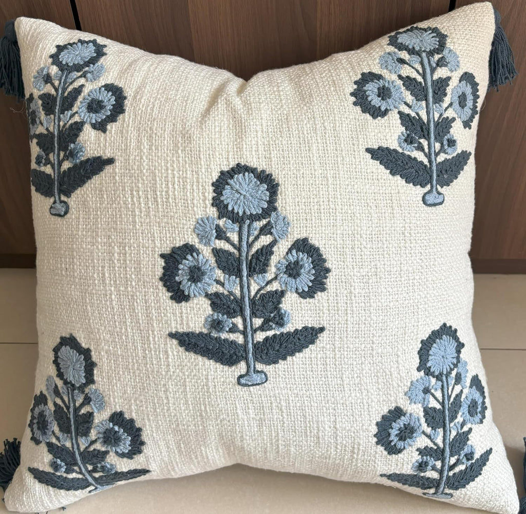 Blue Floral Hand Embroidered 20x20 Pillow Cover, Ivory