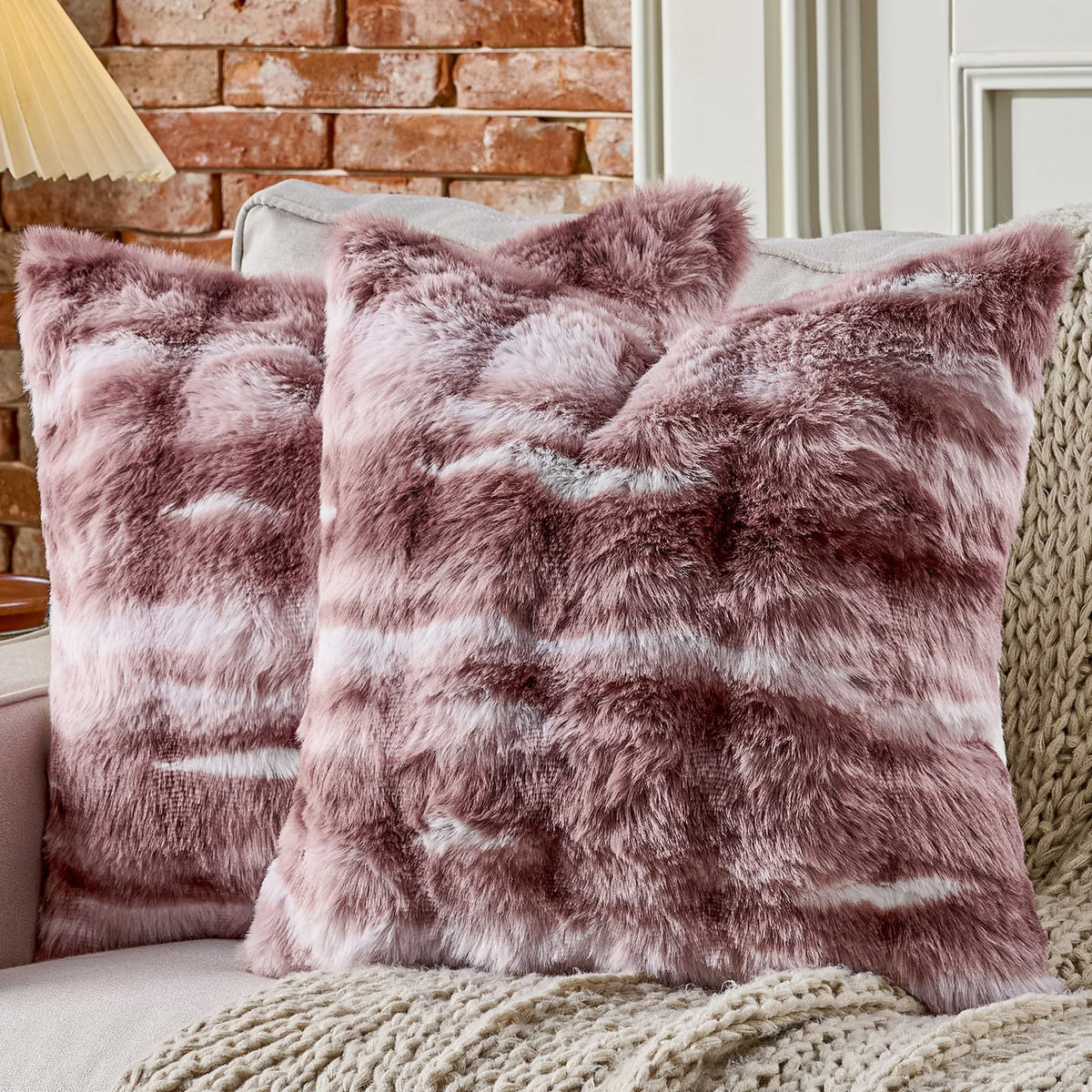 AmHoo Pack of 2 Throw Pillow Covers 3D Dense Faux Rabbit Fur Cozy Super Soft Fuzzy Set Case Cushion for Couch Sofa Bedroom 18 x 18-Inch Cream White