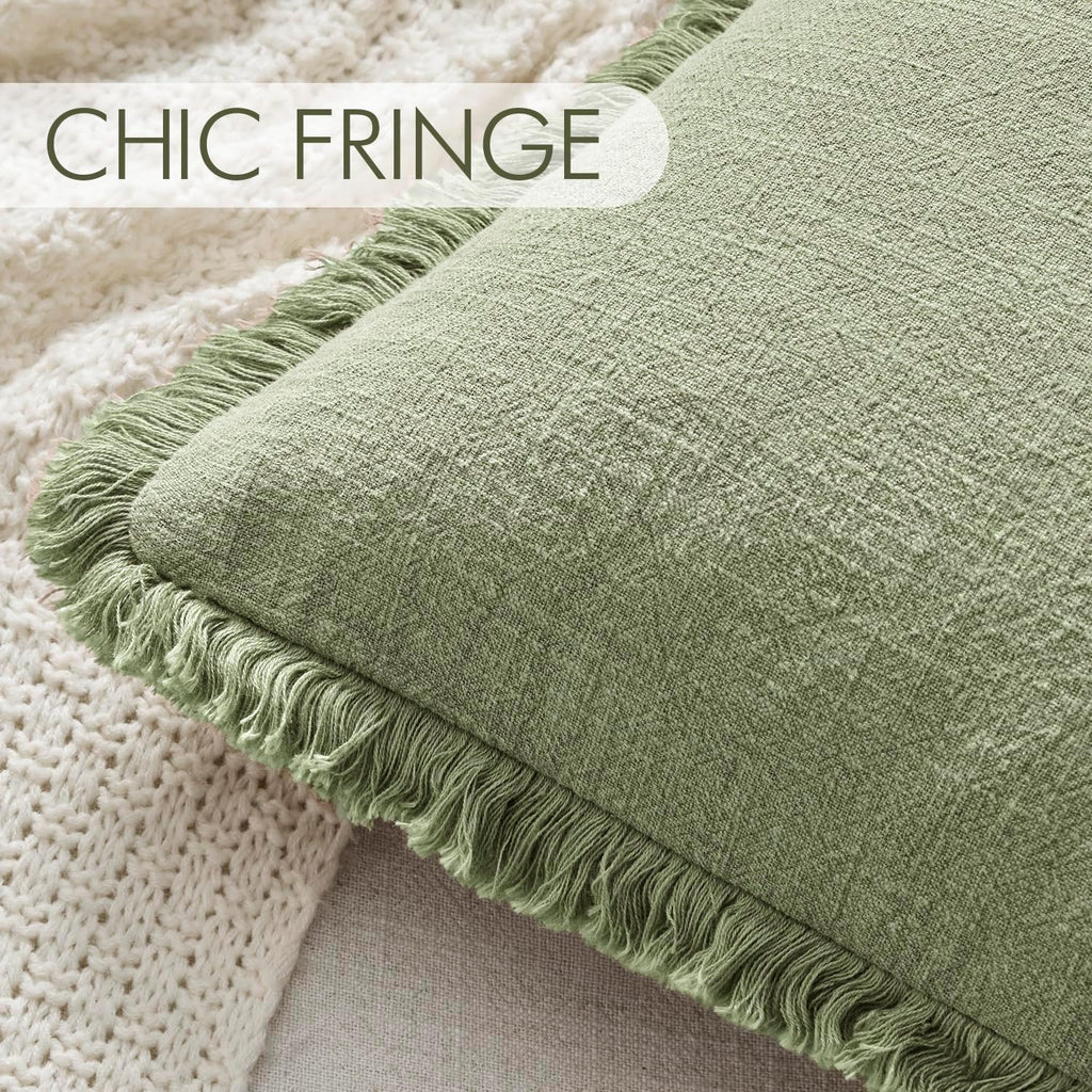 ANRODUO Decorative Linen Fringe Pillow Covers 18×18 Inch Sage Green 2 Pack
