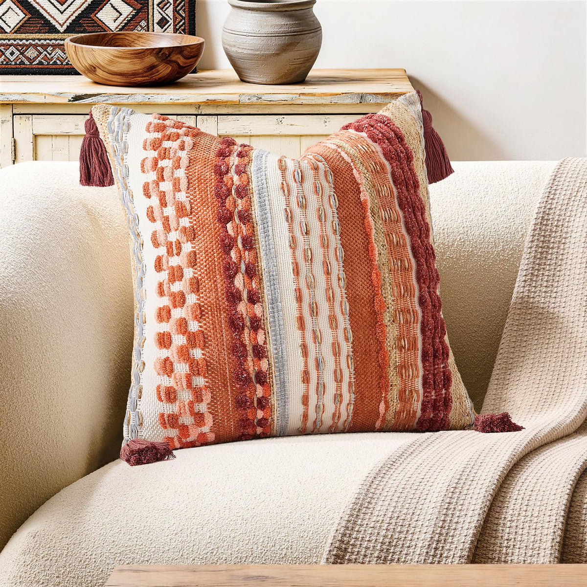 Kevin Textile Boho Tassel 12x20 Inch Lumbar Pillow Cover 1 Pack, Green