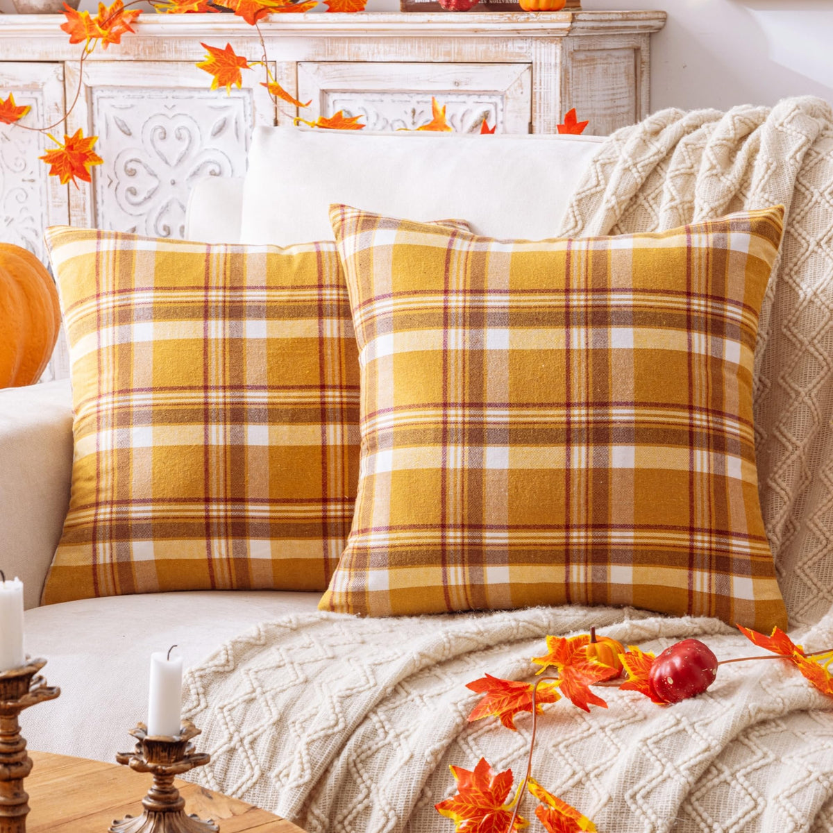 AQOTHES Fall Plaid Orange Throw Pillow Covers 18x18 Inch Set of 2