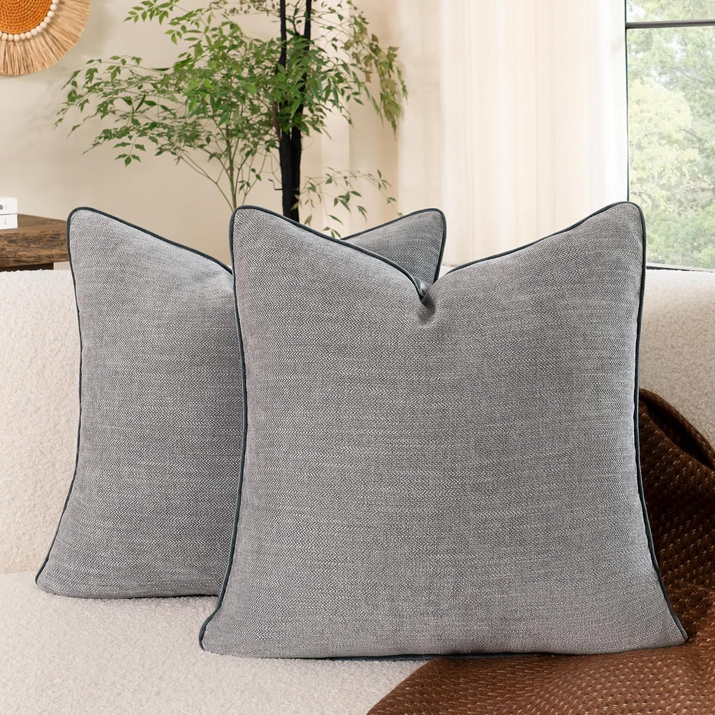 MATTINS Dusty Blue Cotton Throw Pillow Covers 22x22 Set of 2, Solid Decorative Pillow Covers with Chenille Texture and Velvet Back, Neutral Farmhouse Cushion Covers for Sofa Couch Bedroom