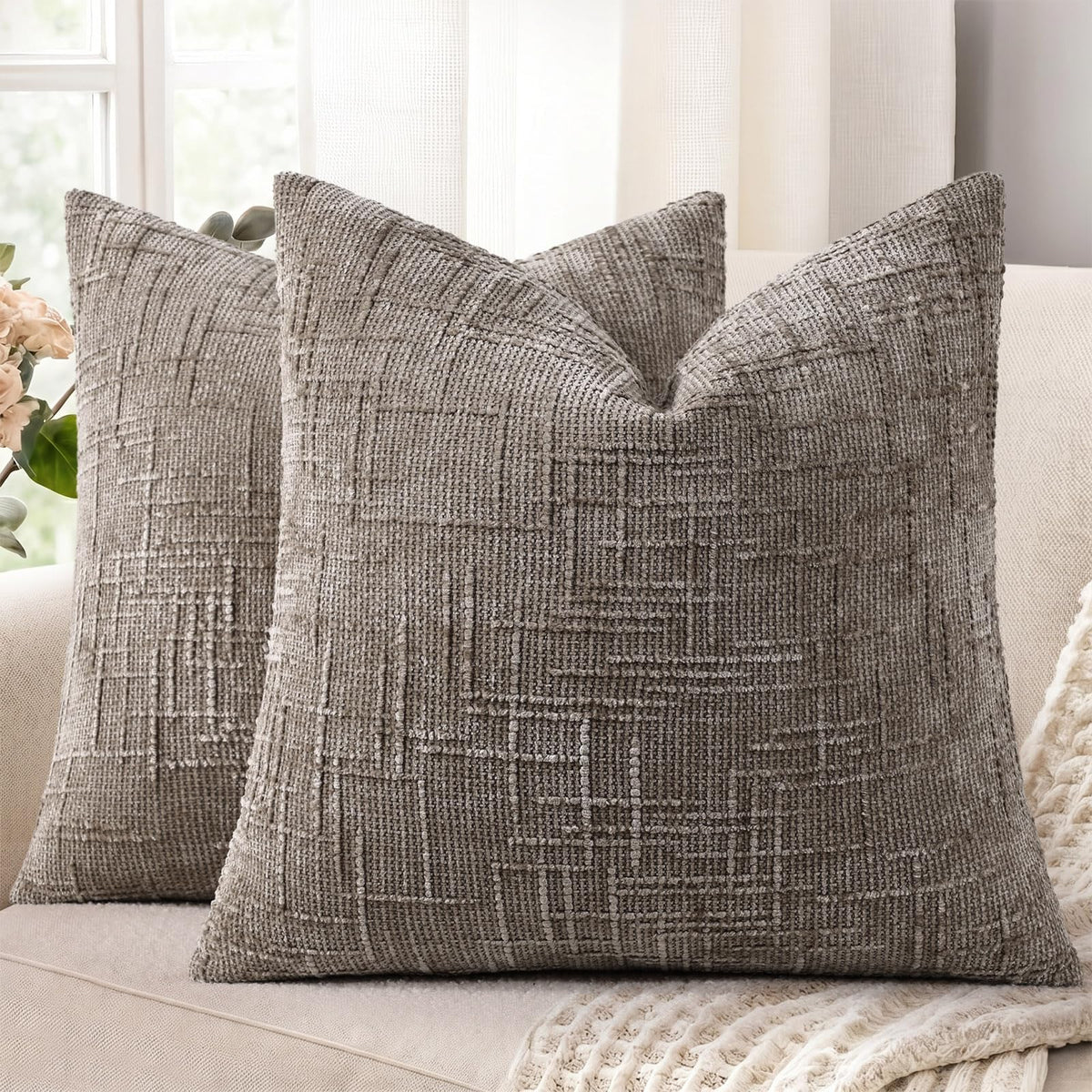 decorUhome Textured Chenille Throw Pillow Covers 18x18 Set of 2 Ivory