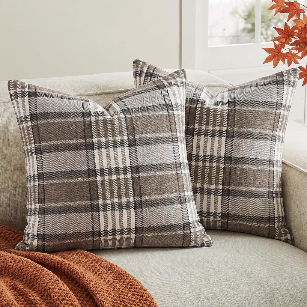 Brown Plaid Farmhouse Checkered Throw Pillow Cover 20x20 for Bed Couch Sofa